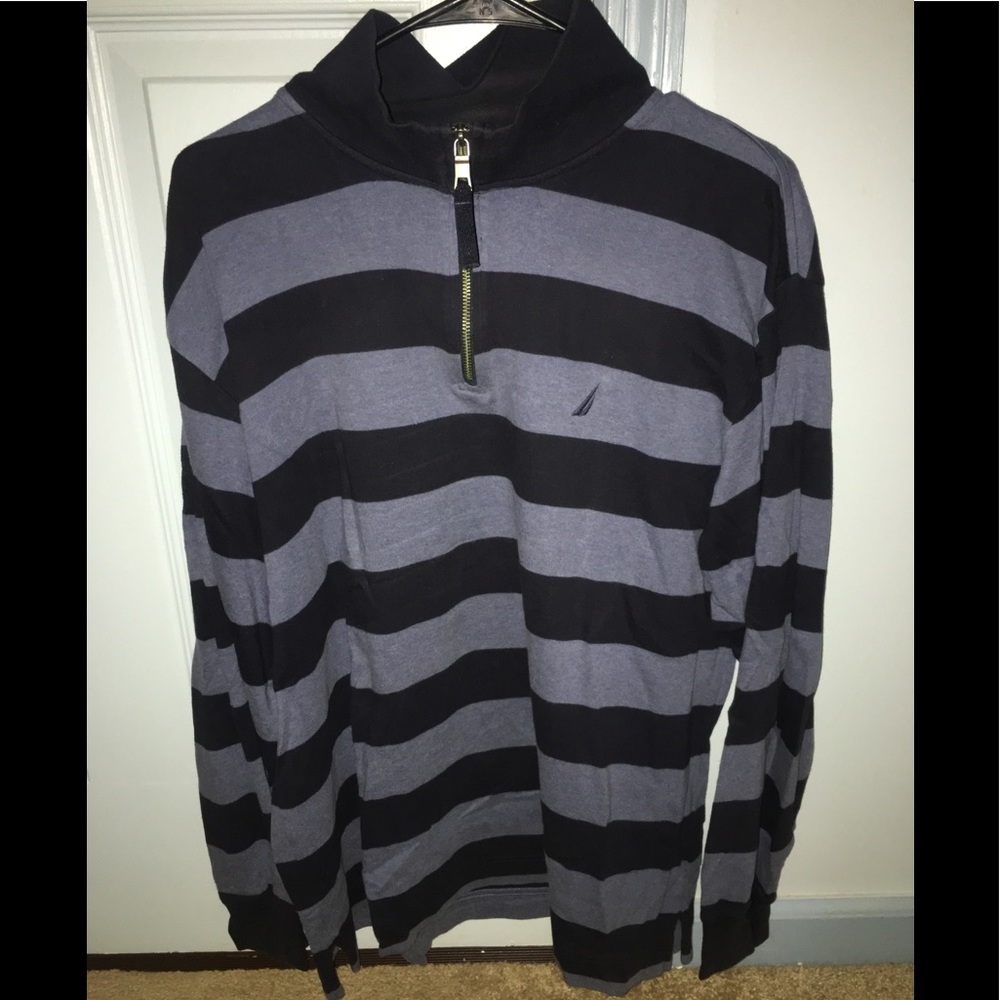 Nautica Quarter Zip Sweater Blue Striped M Large